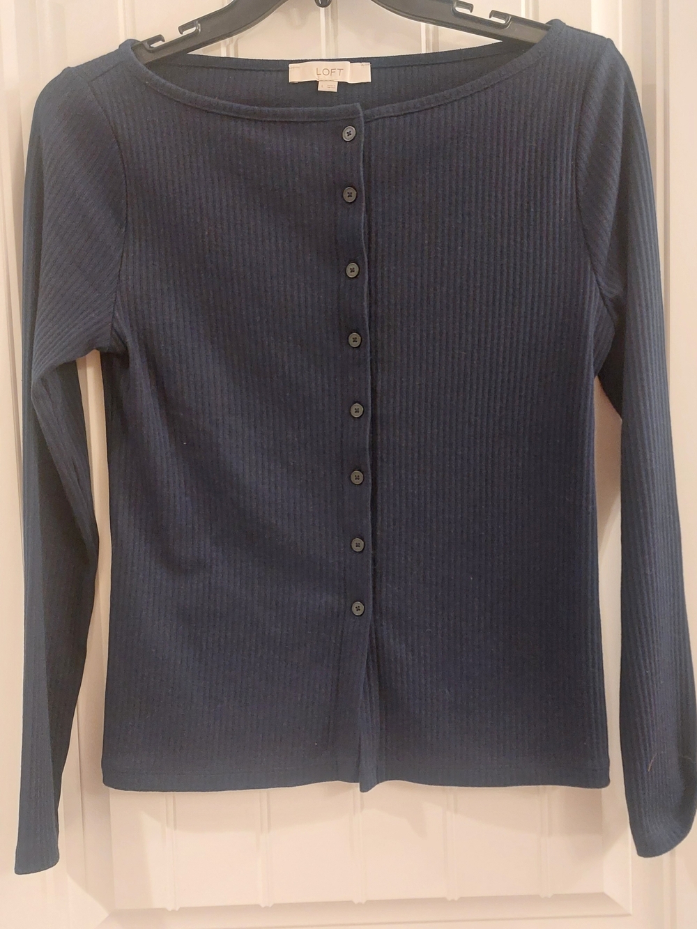 LOFT Navy Ribbed Button-Front Long Sleeve Top